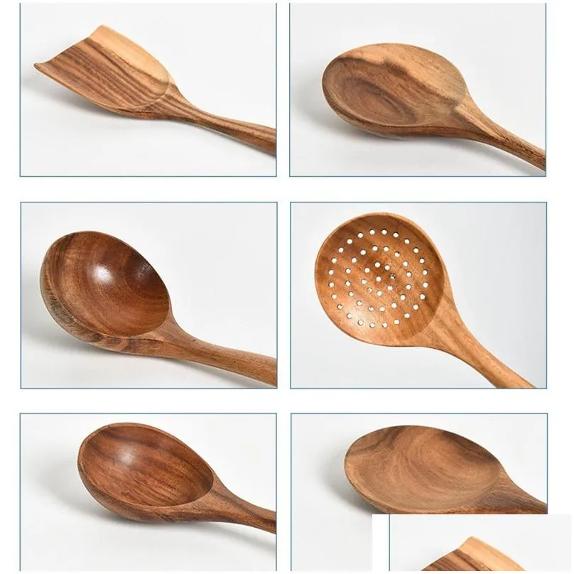teak wood tableware spoon colander long handle wooden non-stick special cooking spatula kitchen tool utensils kitchenware gift dbc