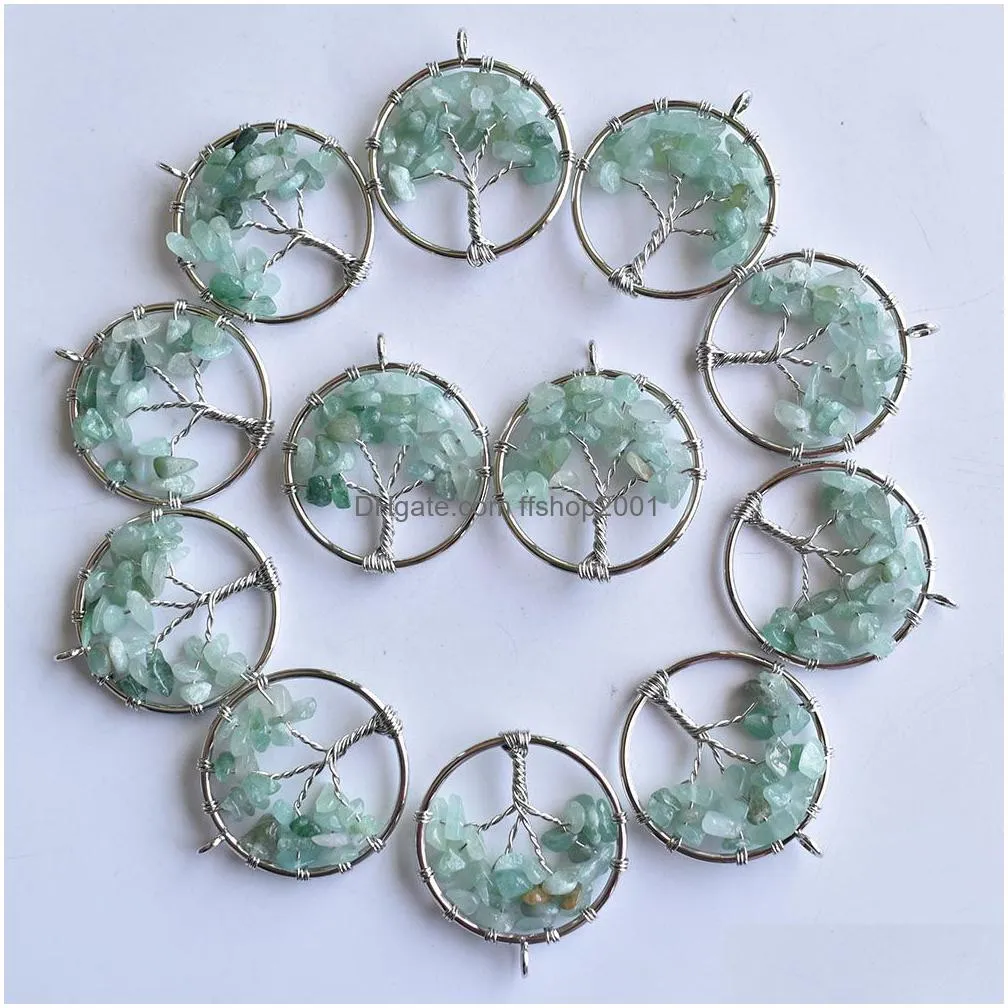 natural chip stone tree of life charms crystal agate beads pendant handmade wire color wire wrapped 30mm for jewelry marking