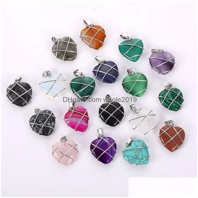 silver color wire wrap love heart shape pendant natural stone mixed necklace jewelry accessories making wholesale