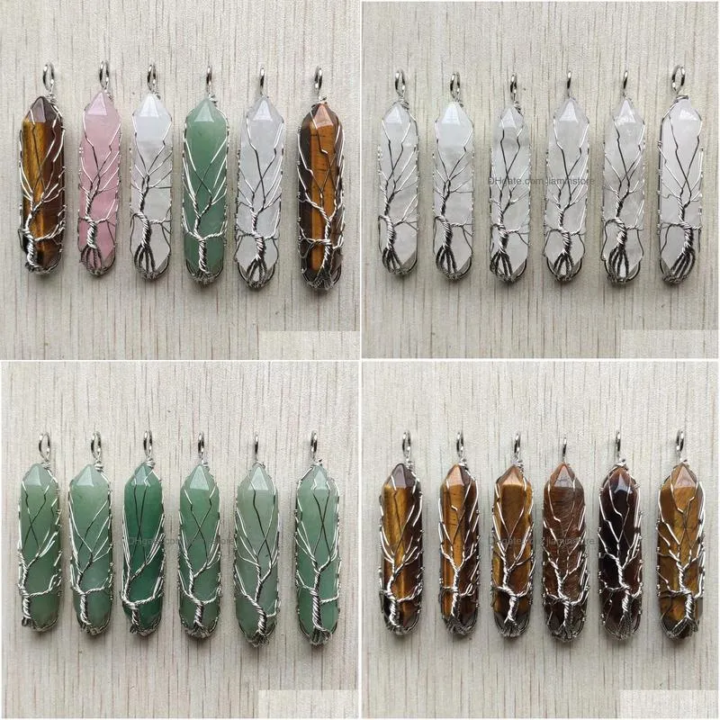 natural semi-precious stone charms tree of life crystal pillar pendulum pendants for jewelry making wholesale