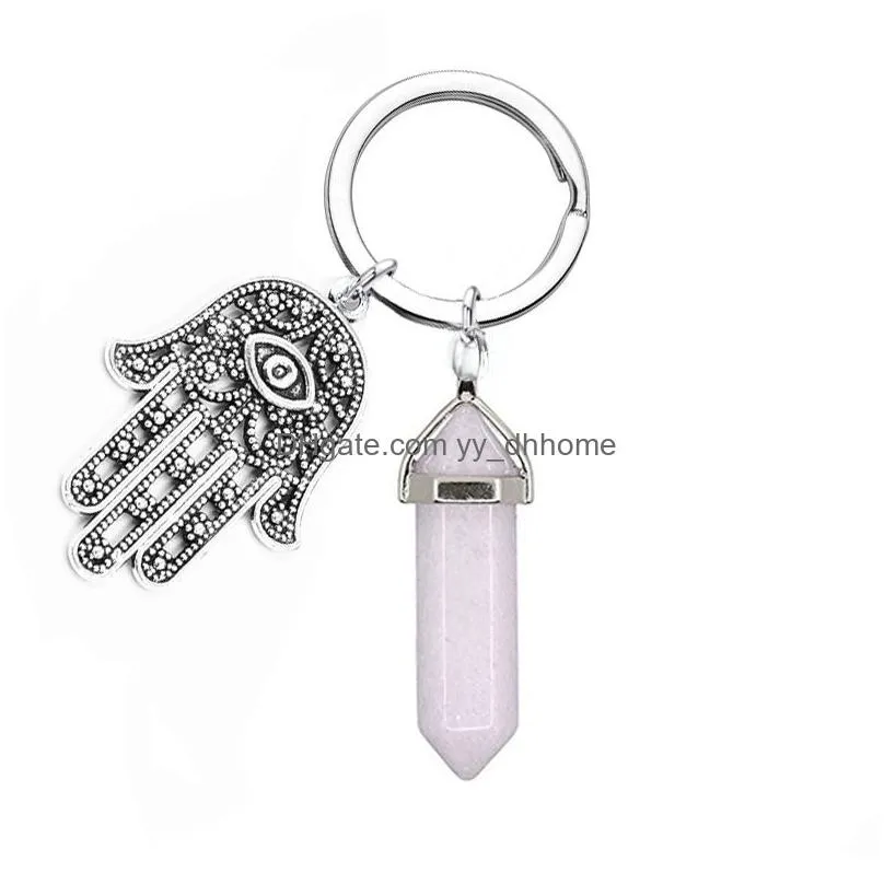 natural stone key rings hexagonal prism palm keychains healing rose crystal car decor keyholder for women men