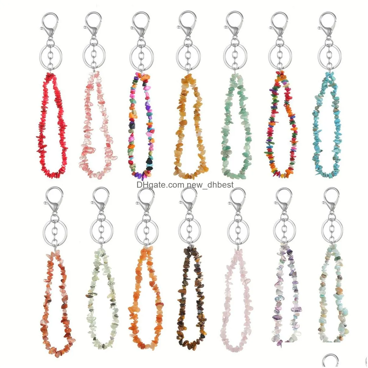 fashion natural stone key rings chip beads nuggets fluorite amethyst rose crystal quartz keychain bag car hanging charms