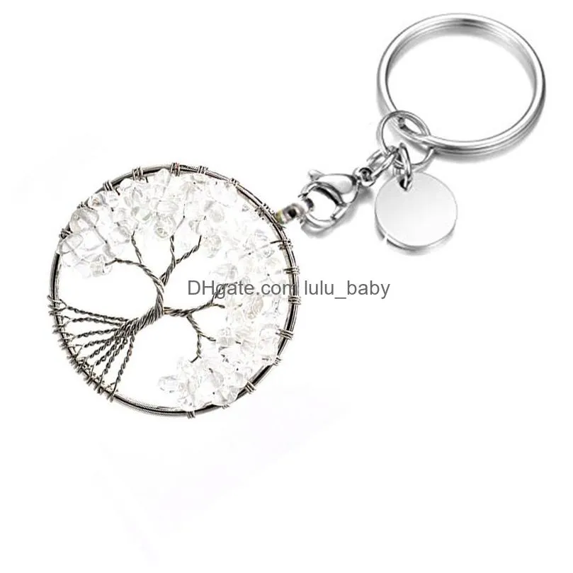 natural broken stone 5cm wrap tree of life key rings keychains healing rose crystal car decor keyholder for women men