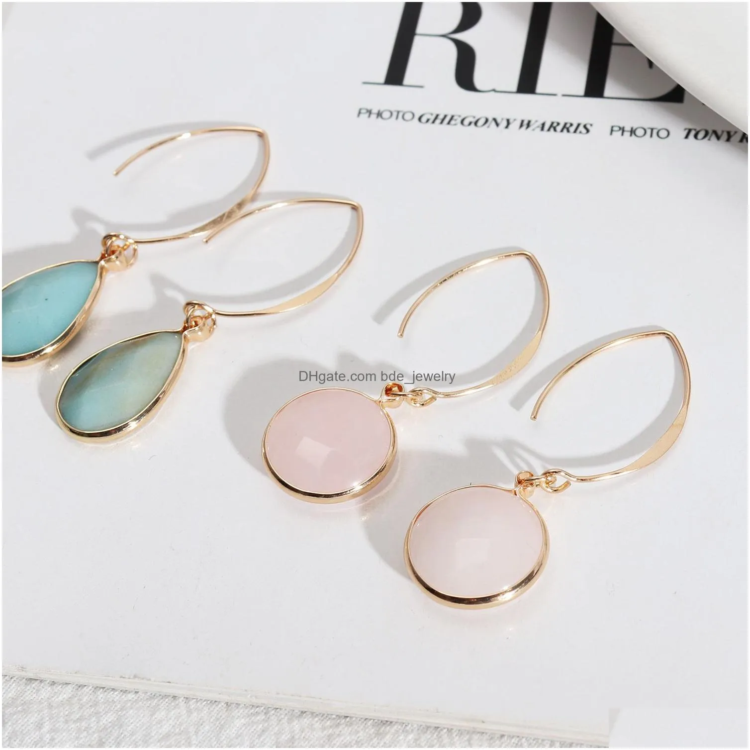 natural stone charms amazonite rose quartz crystal water drop earrings chakra jewelry gold hoop for women