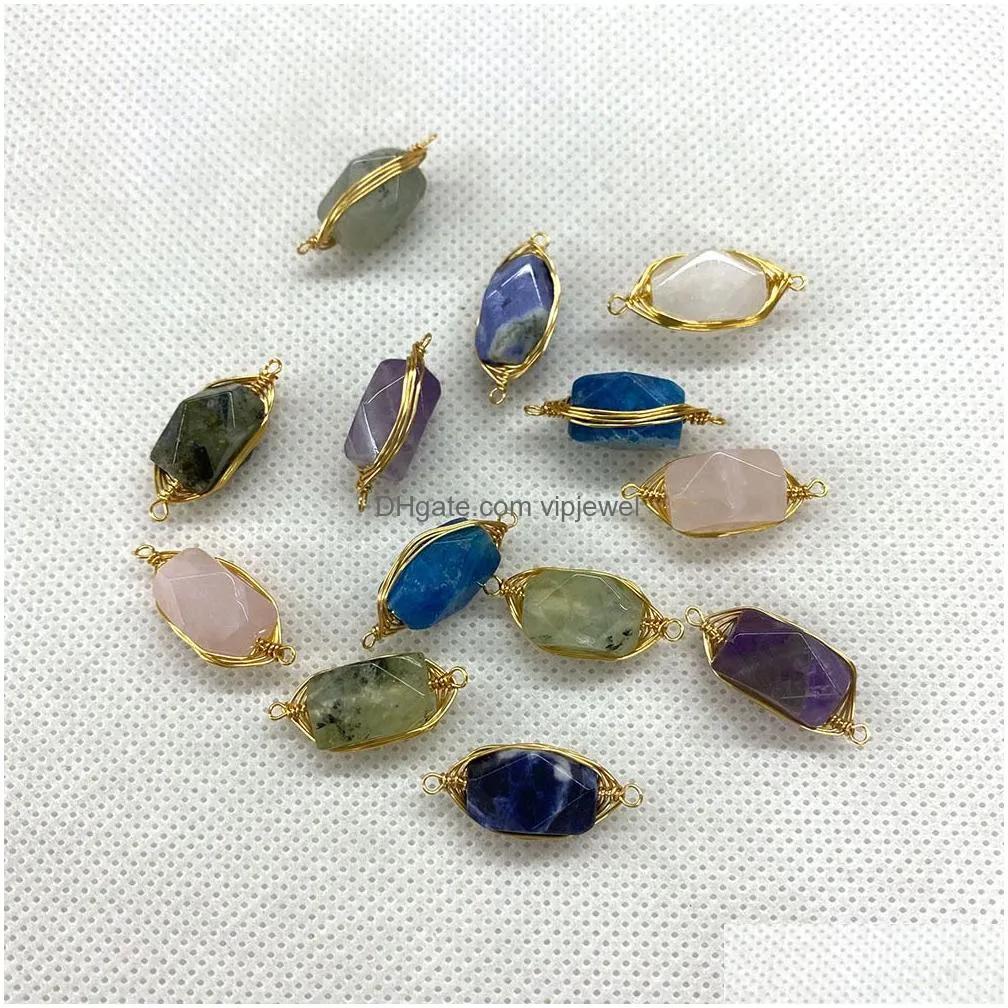 8x23mm gold wire wrap natural crystal stone pillar charms rose quartz pendants trendy for jewelry making wholesale