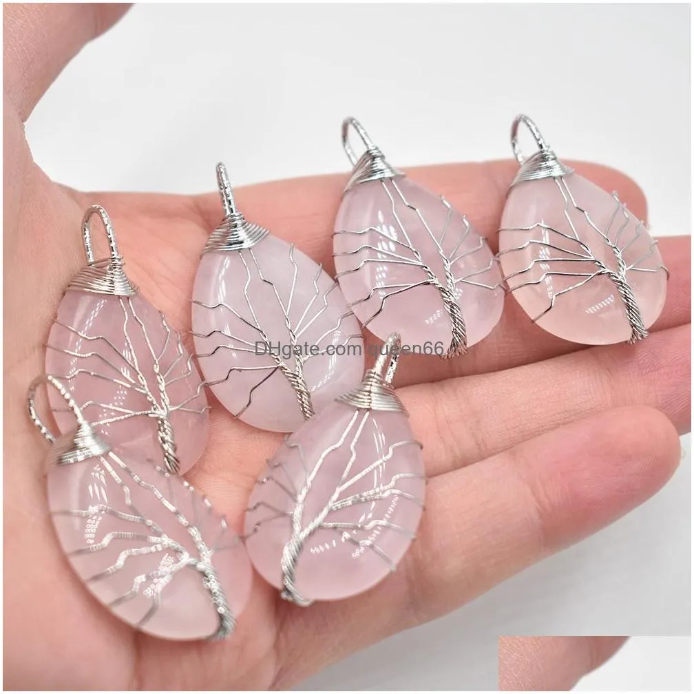 natural stone healing crystal tree of life charms pendants rose quartz wire wrapped trendy jewelry making wholesale