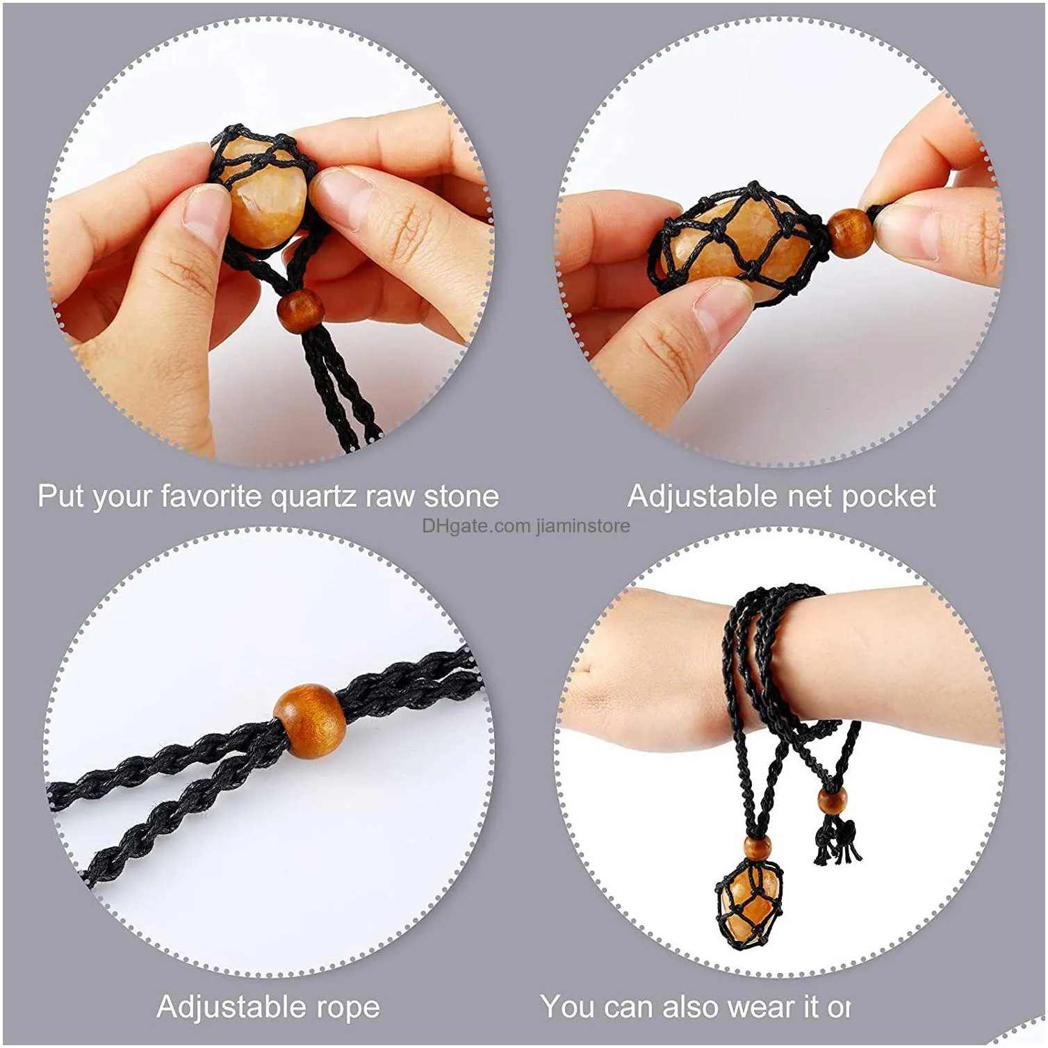 empty stone holder wax rope net bag pendant braided pocket adjustable cord necklace diy 2.5cm natural quartz crystal healing bead
