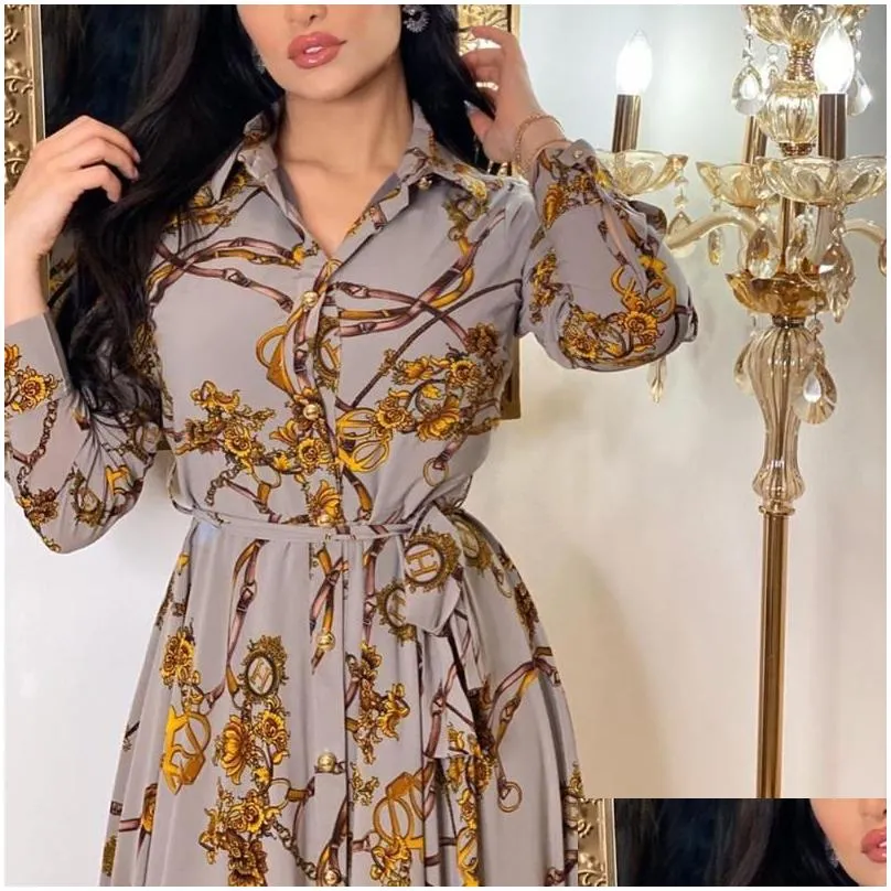 casual dresses fashion french elegant for women summer retro print muslim dubai abaya lapel single-breasted long sleeve shirt dress