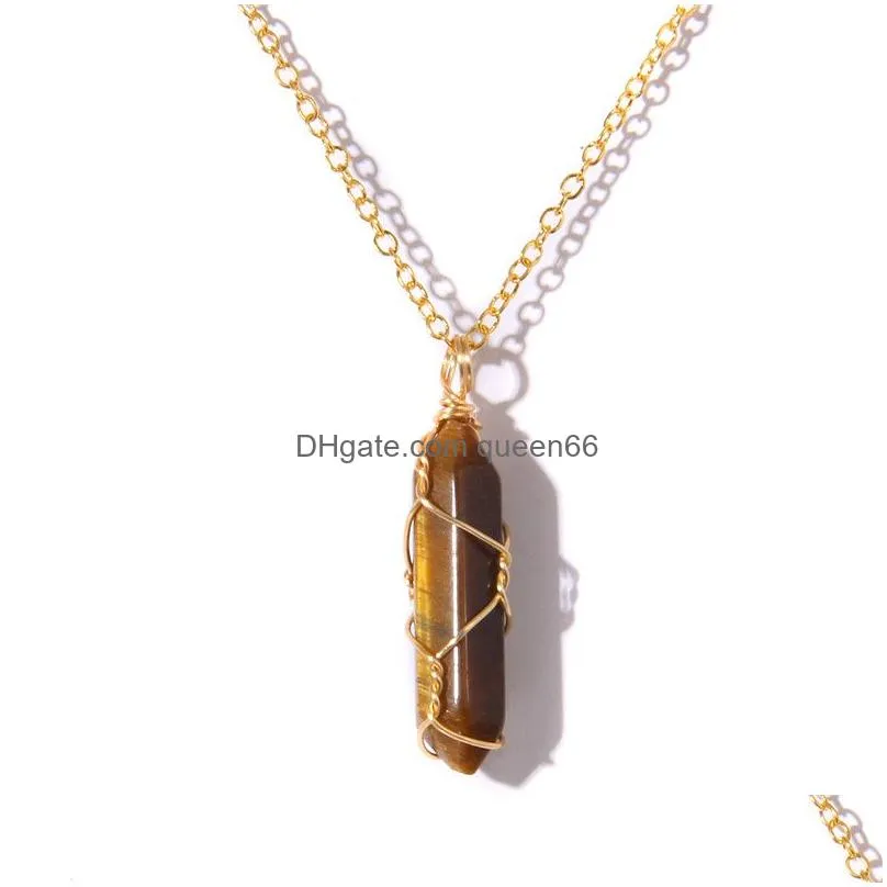 hexagonal pendulum pendant necklace reiki healing column necklaces natural stone gold wire wrap chain pendants for women men