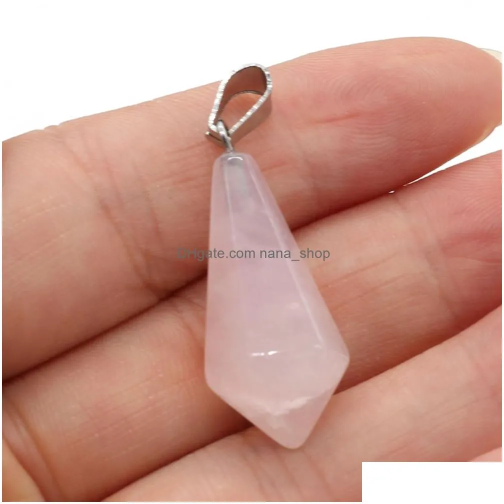 natural stone charms cone pendulum pendant rose quartz healing reiki crystal finding for diy necklaces women fashion jewelry 13x28mm