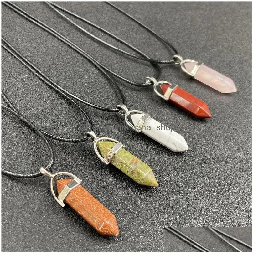 healing crystal natural stone pendant pillar shape charms turquoise tiger eye green rose quartz rope chain necklaces wholesale jewelry