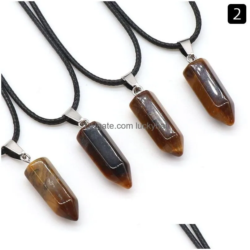 natural stone crystal charms hexagon column pendant necklaces amethyst tiger eye rose quartz wholesale jewelry for women