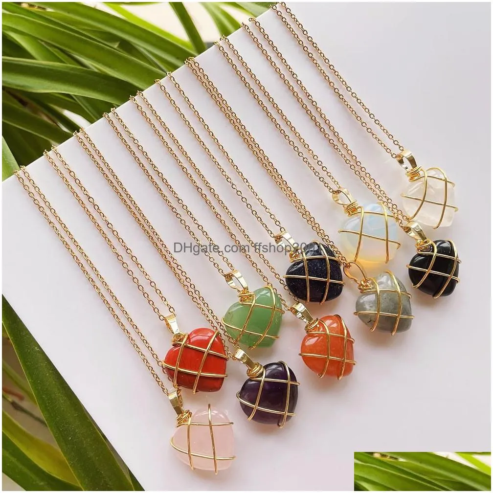 cute heart shaped gold wire wrapped natural crystal stone pendant necklace for women pendulum amehtysts opal purple crystal choker