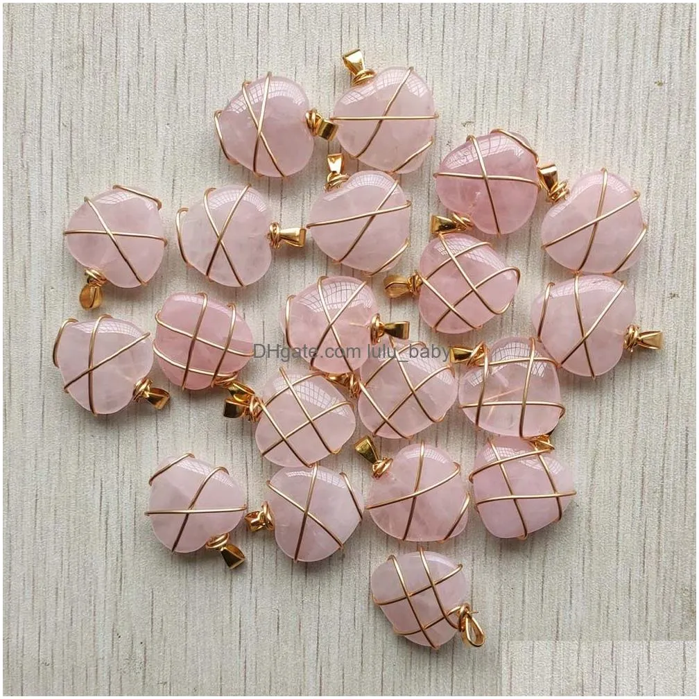natural stone heart charms crystal agate beads pendant handmade wire gold color wire wrapped for jewelry marking