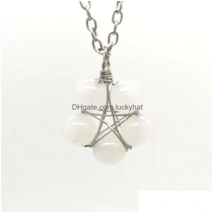 star flower shape 8mm stone ball pendant wire wrapped metal chain necklace healing reiki chakra jewelry wholesale