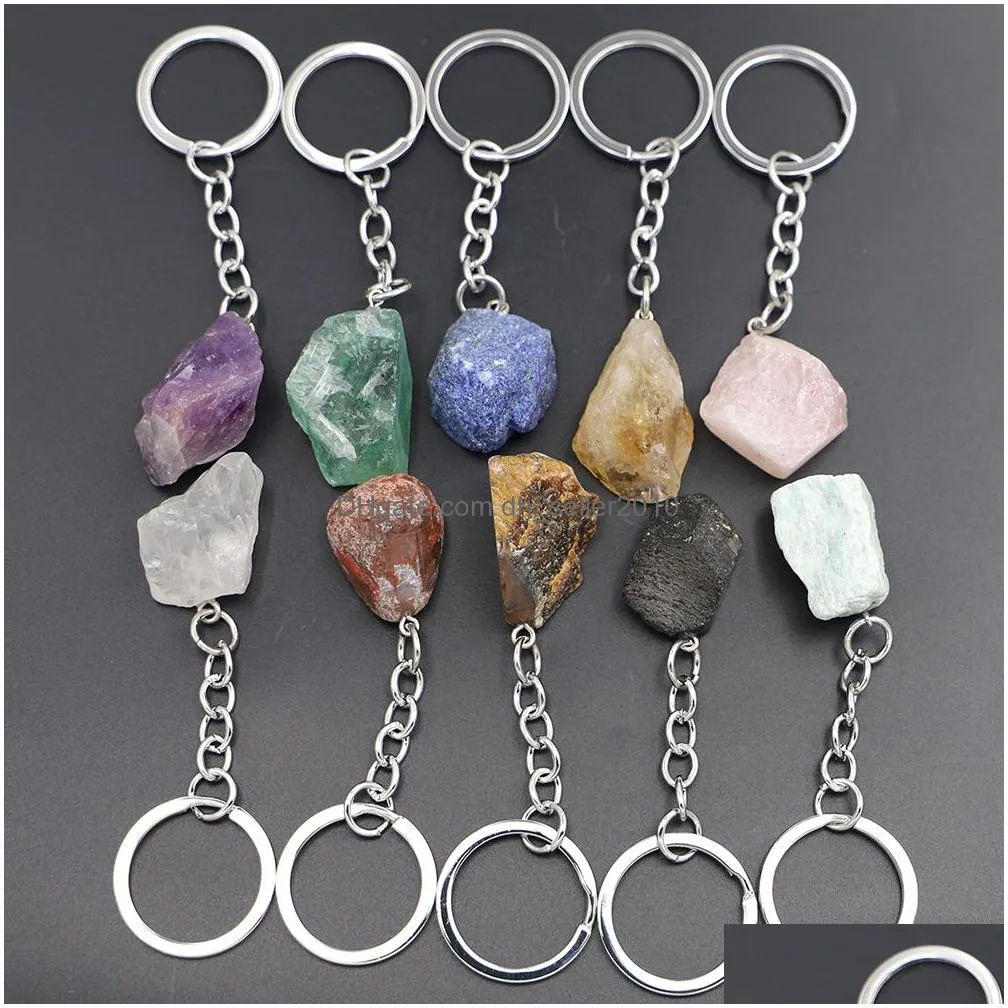 natural raw ore irregular stone key rings gem quartz fluorite amethyst pendants keychain charms diy jewelry making keyholder