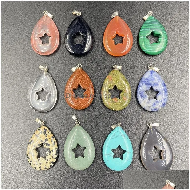 healing crystal natural stone pendant star teardrop shape charms turquoise tiger eye green crystal rope chain necklaces wholesale jewelry