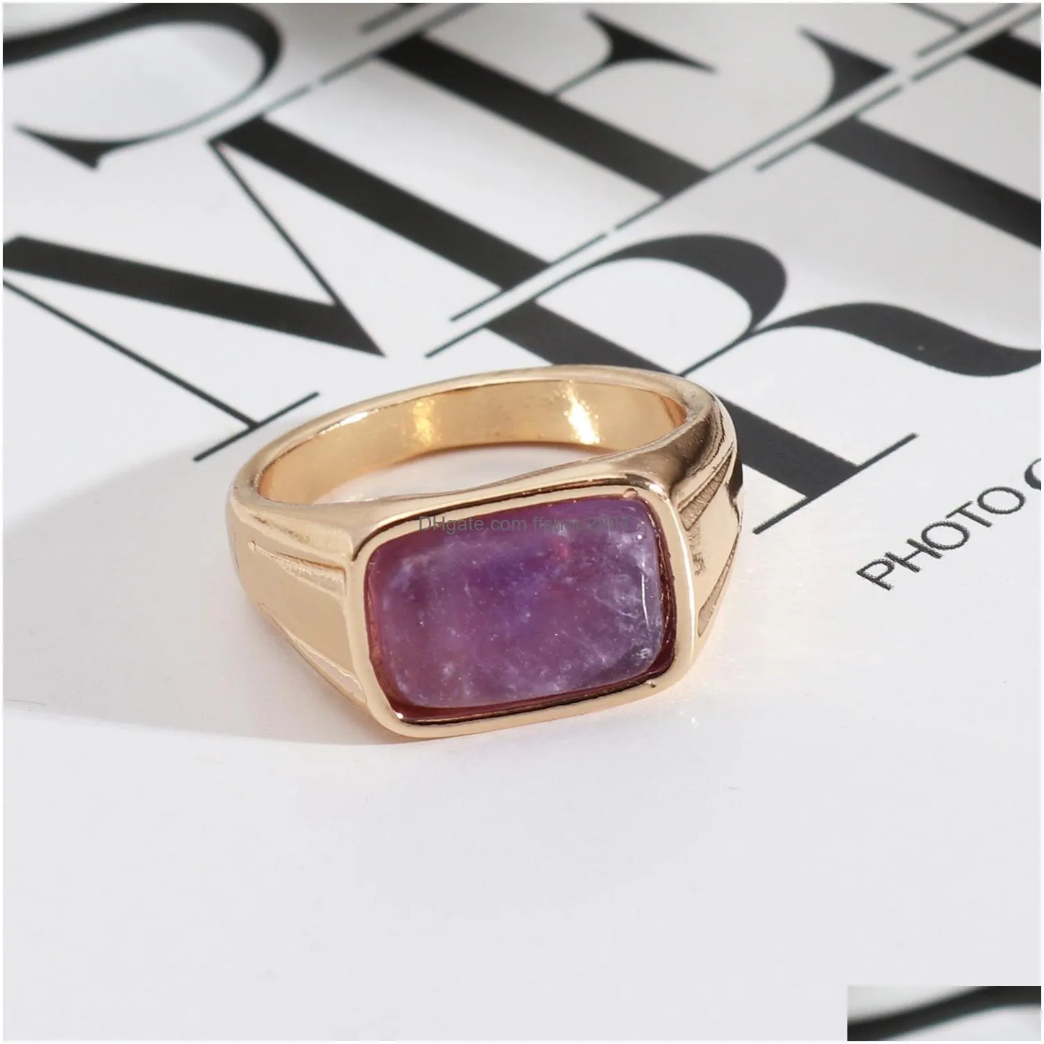 natural rectangle stone rings lapis lazuli amethyst malachite stone fashion inner dia 17mm gold color band jewelry for women