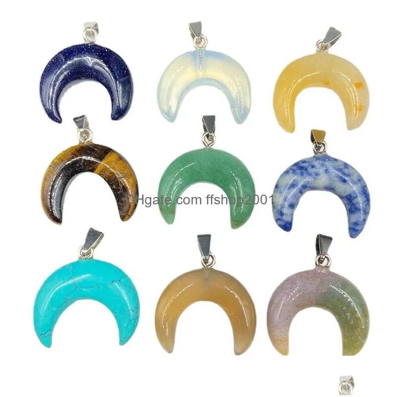 healing crystal natural stone pendant ox horn shape charms turquoise tiger eye lapsi green crystal rope chain necklaces wholesale jewelry