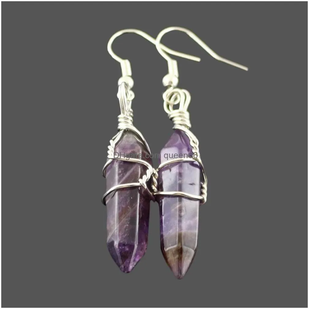 reiki healing wired wrap natural stone charms earrings bullet pendulum dangle lapis amethysts purple quartz pink crystal earings women