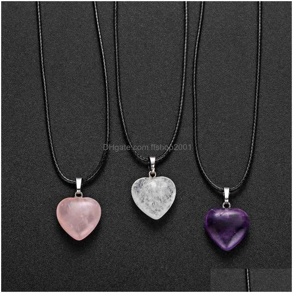natural stone love heart pendant necklace 45cm black rope leather cord for women men friendship happy jewelry