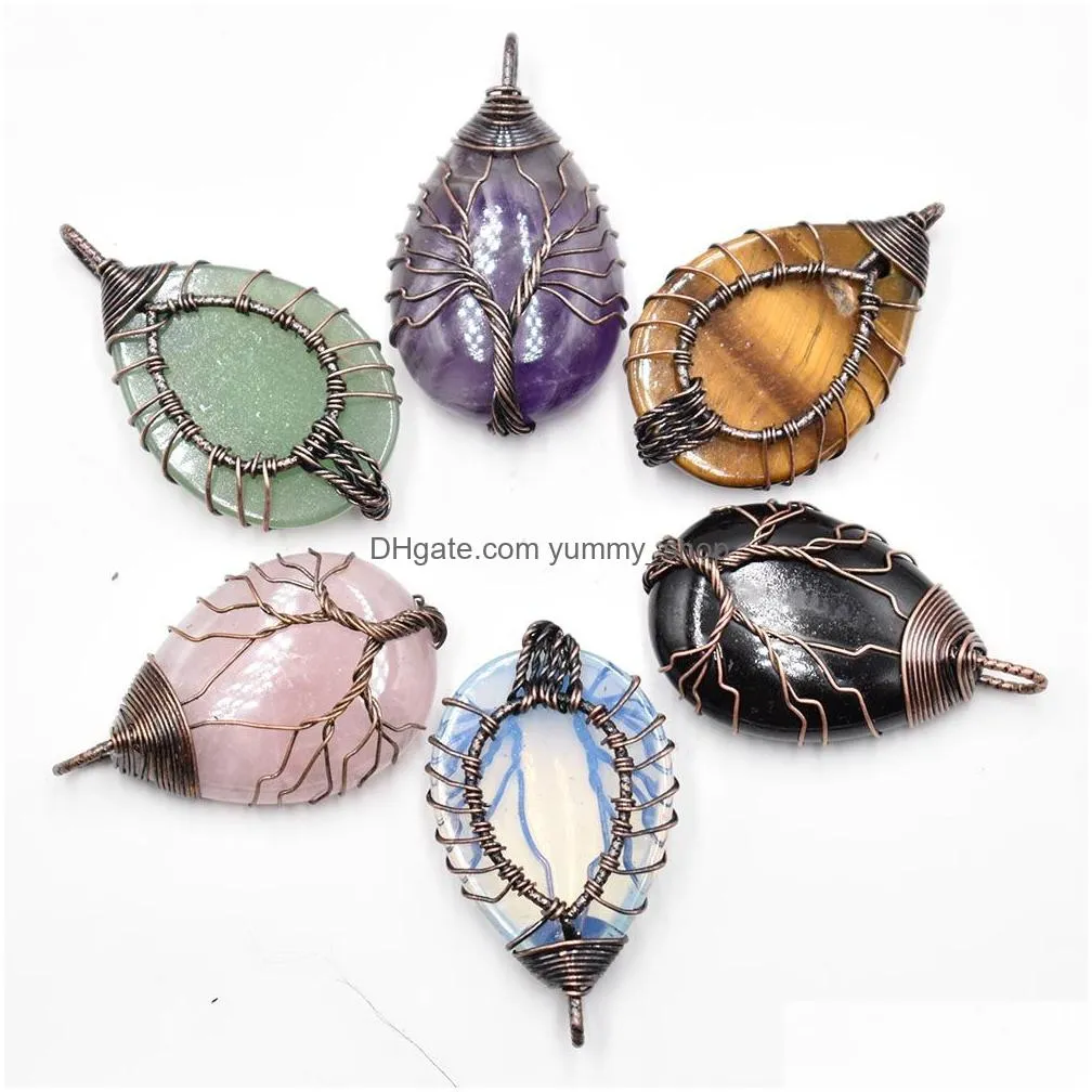 natural stone crystal tree of life charms antique waterdrop pendants rose quartz wire wrapped trendy jewelry making wholesale