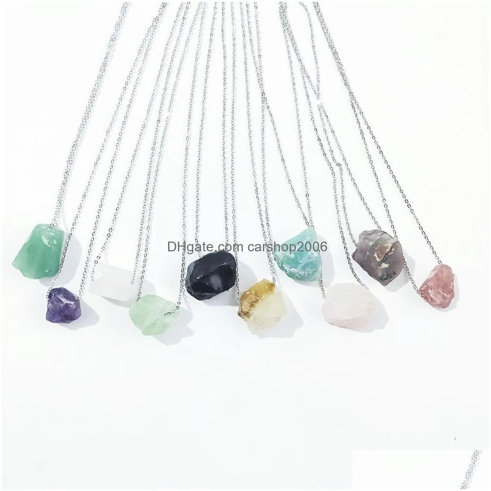 irregular natural crystal large rough stone pendant necklace for women men stainless steel chain