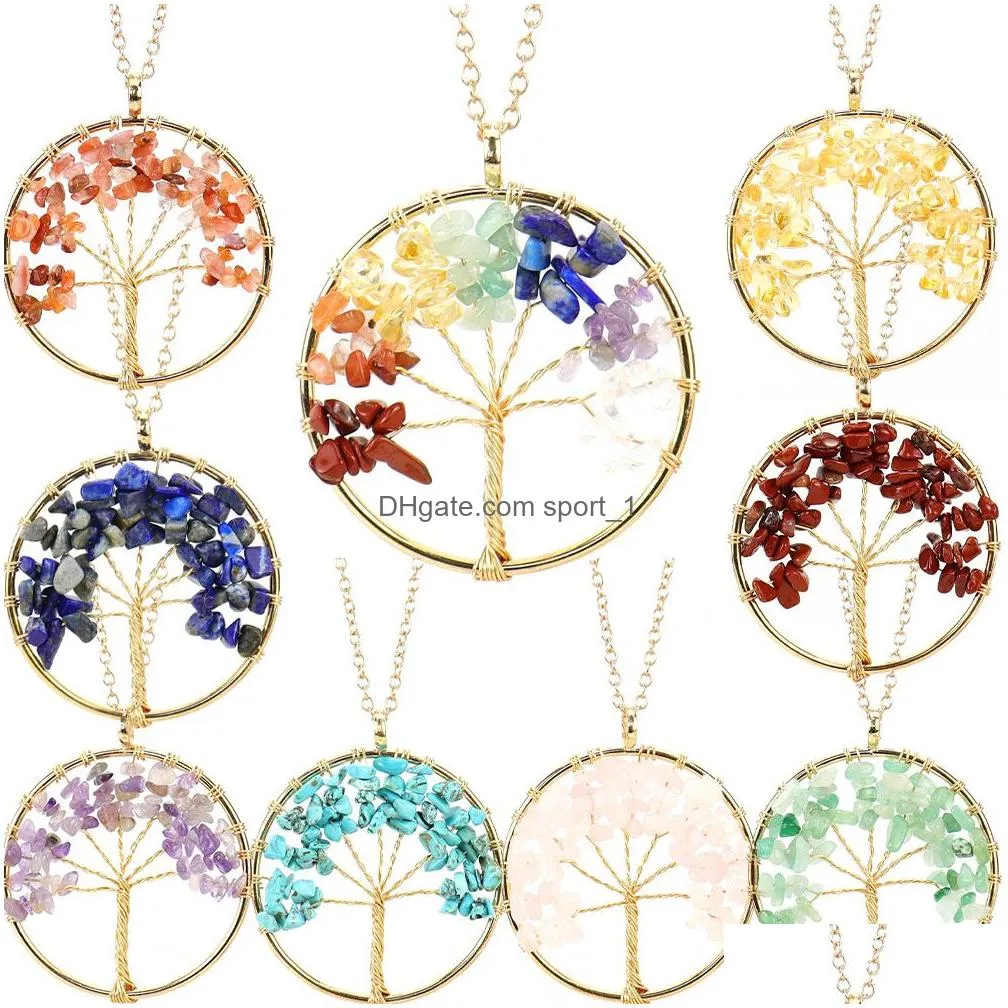 lots irregular chip stone crystal wire wrap tree of life pendant amethyst rose quartz chakra beads necklace for women jewelry