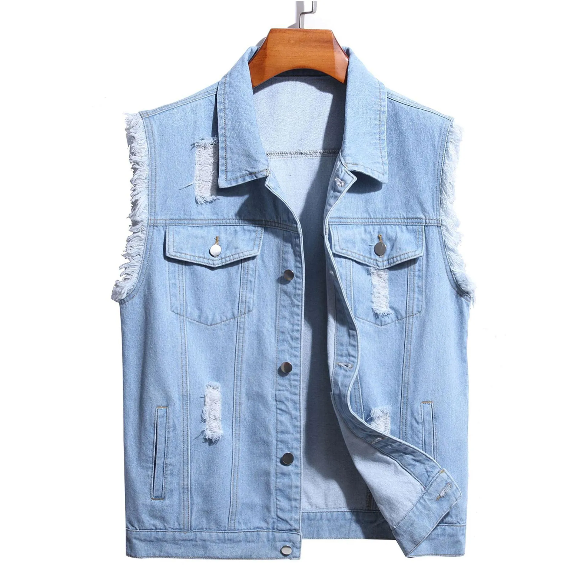 mens vests mens denim vest simple fashion washed grinding white hole slim youth motorcycle foreign trade wholesale