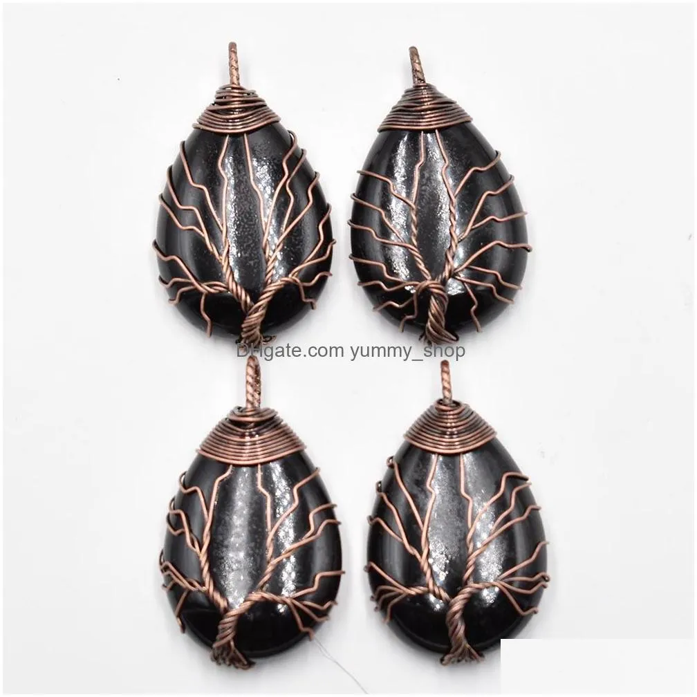 natural stone crystal tree of life charms antique waterdrop pendants rose quartz wire wrapped trendy jewelry making wholesale