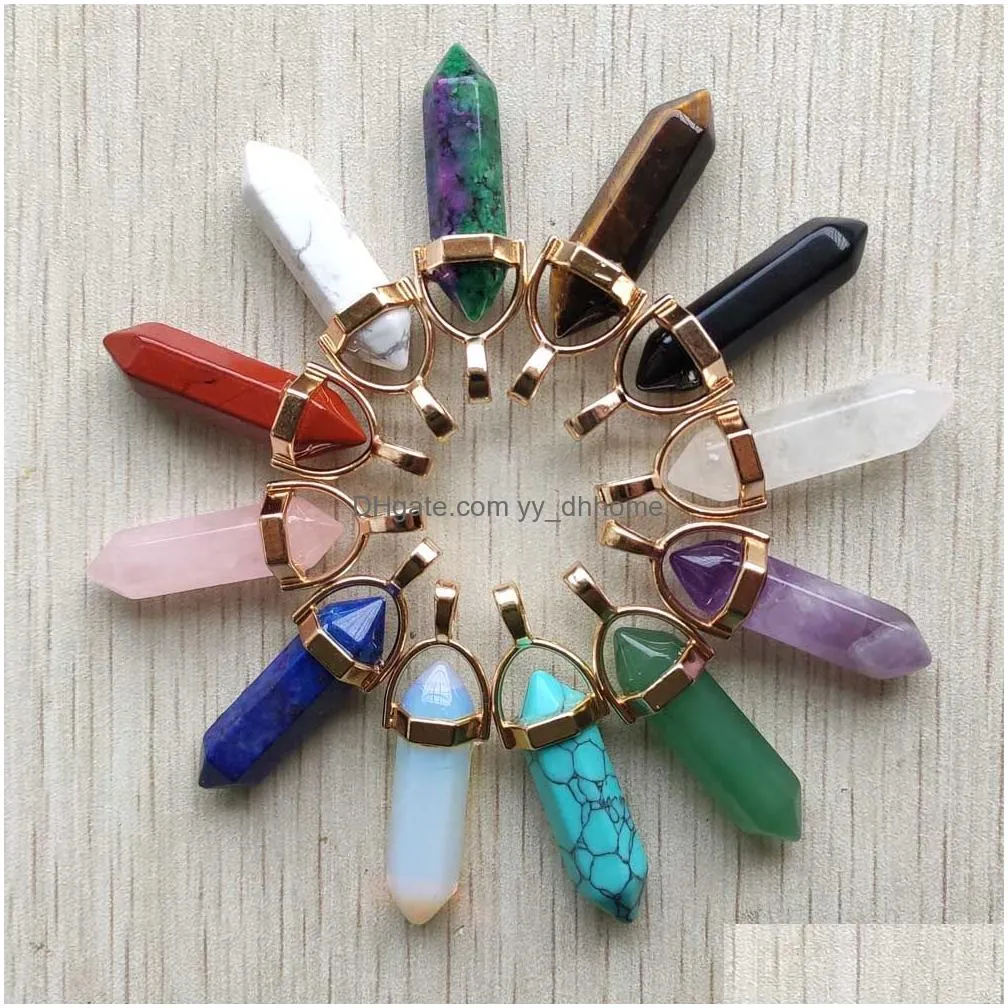 gold natural stone rose quartz mixed pillar bullet shape charms point chakra pendants for jewelry making wholesale gold wire wrap handmade