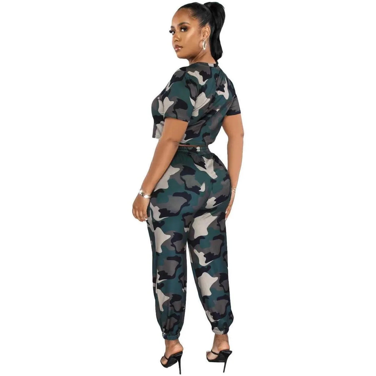 women tracksuits sport suits 2023 summer camo elastic waist pants 2 piece set