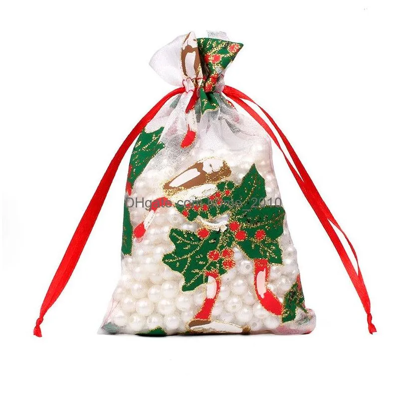 christmas organza drawstring bag christmas wedding jewelry packaging pouches xmas pattern candy favors organza drawstring bag