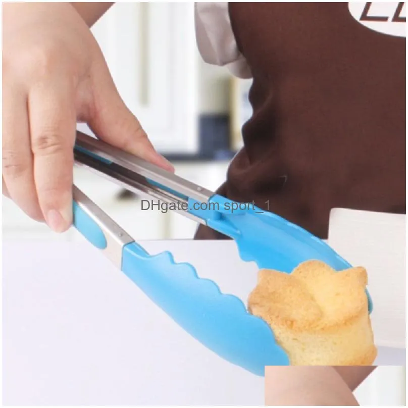 stainless steel handle silicone tongs 8 inches kitchen food spatula clip camp hanging hook cooking bbq tong kitchen gadget