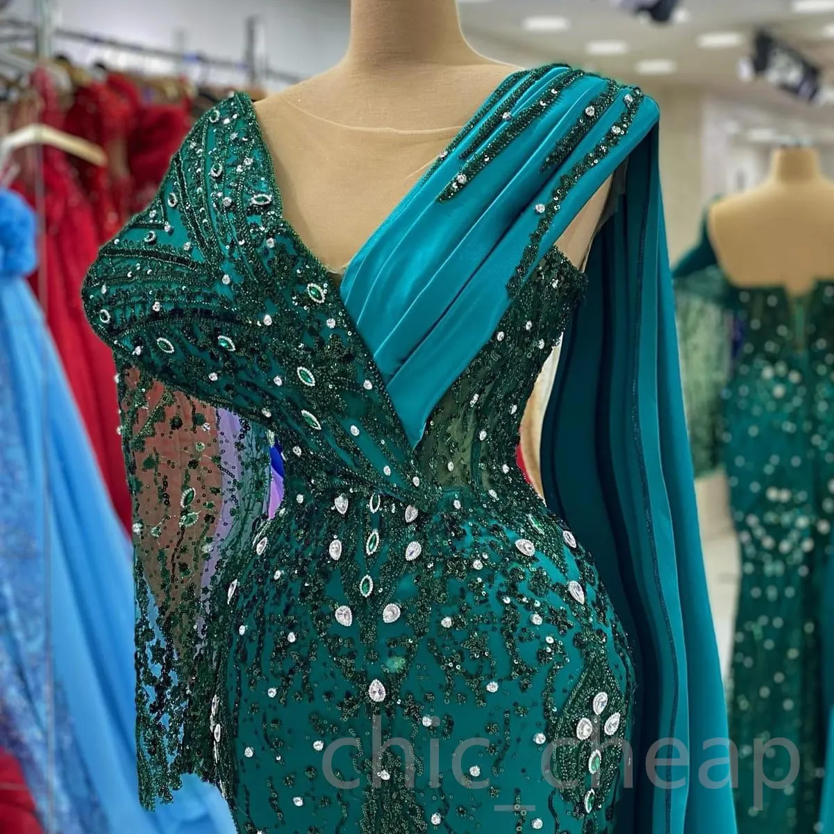 2023 Aso Ebi Hunter Green Mermaid Prom Dress Crystals Evening Formal Party Second Reception Birthday Bridesmaid Engagement Gowns Dresses Robe De Soiree ZJ694