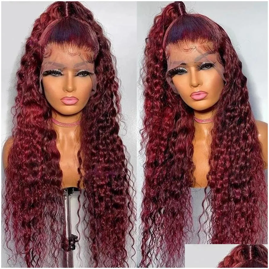 curly human hair wigs wine red brazilian remy deep wave full lace front synthetic wig 180% pre plucked