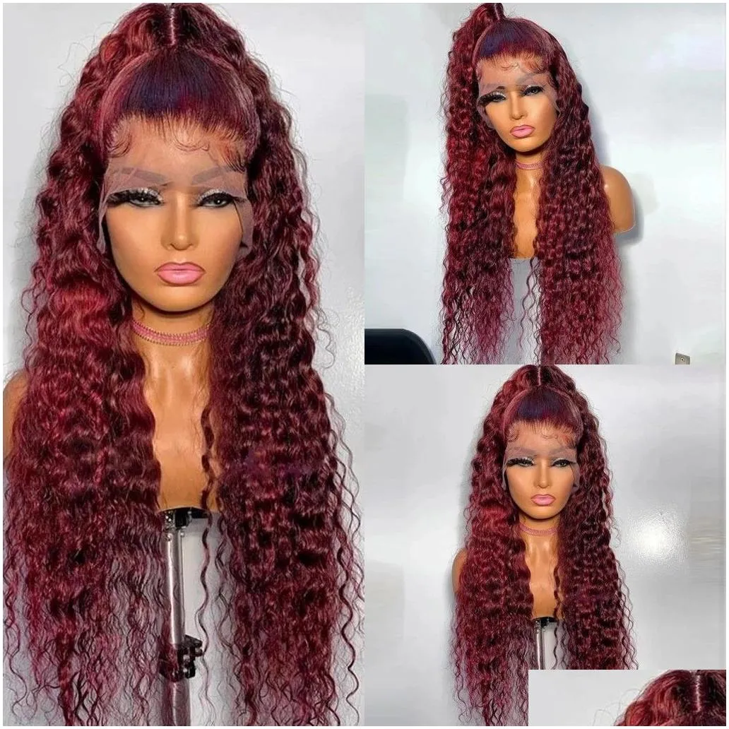 curly human hair wigs wine red brazilian remy deep wave full lace front synthetic wig 180% pre plucked