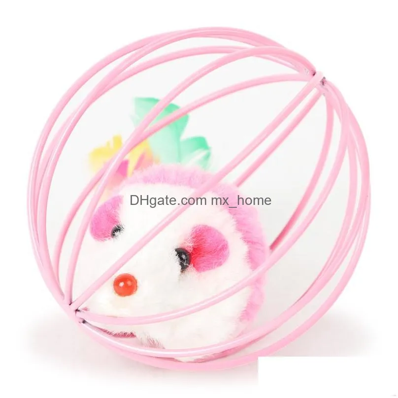 cat toy metal ball cage with plush mouse inside pet scratching toy pets fur mouse ball cat toy pet supplies
