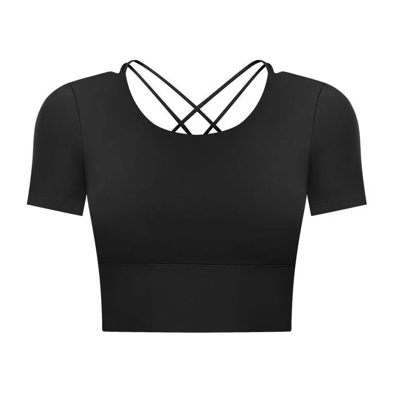 summer open navel yoga tops t-shirt with chest cushion bra womens hollow back outdoor leisure sports short sleeve top