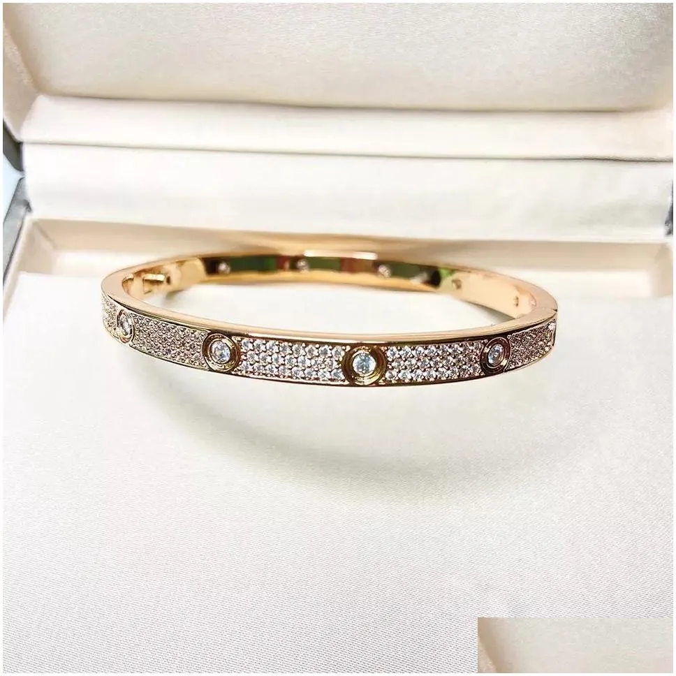 2022 luxury top fine brand pure 925 sterling silver jewelry for women easy lock bangle rose yellow gold full diamond love bangle wedding engagement screw