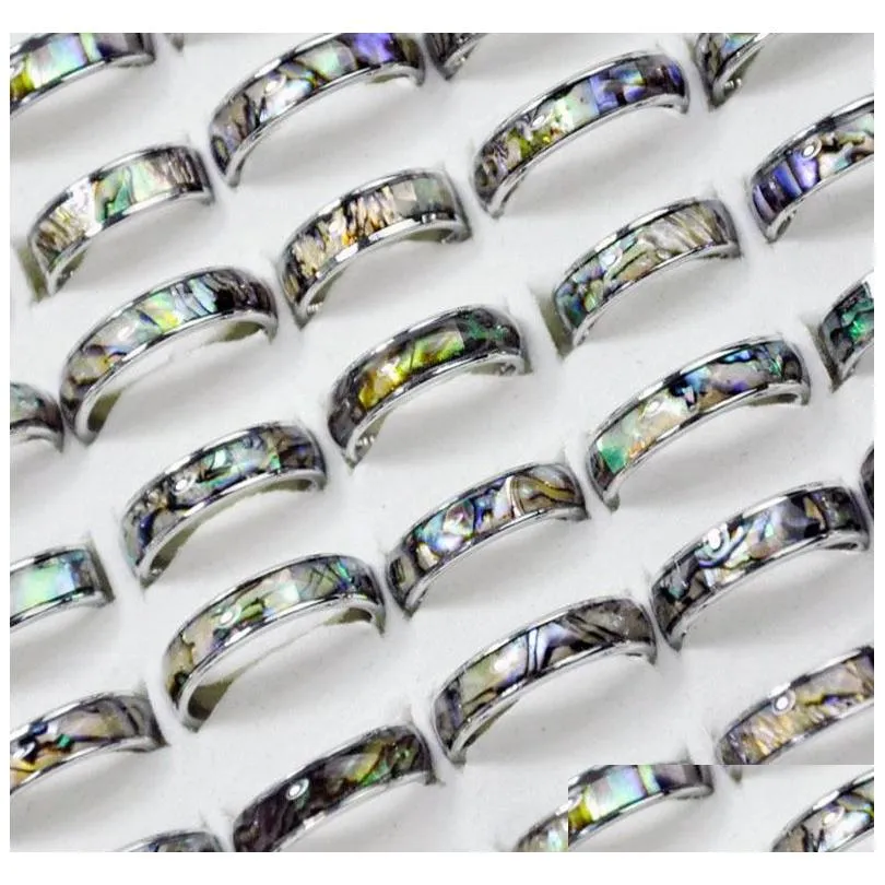 wholesale 50pcs 6mm abalone shell band stainless steel rings fashion jewelry summer ring for man women bulk lots