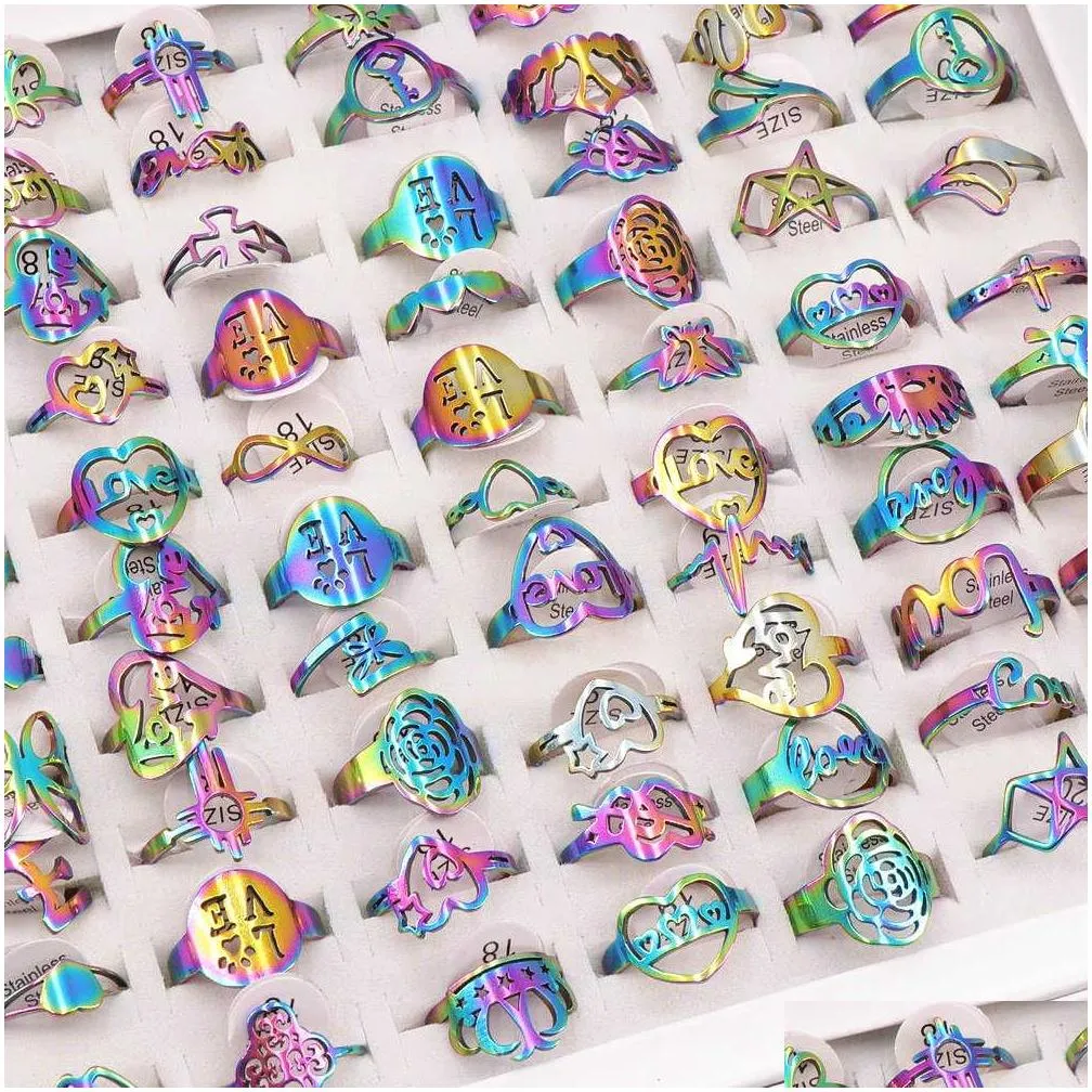 fashion laser cut pattern stainless steel rings women party ring golden silver black multicolor mix style