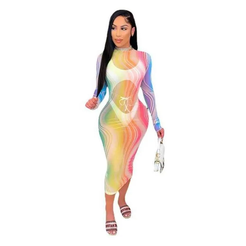 2023 women personalized rainbow print long sleeves sleeve tight wrapped hip skirt sexy perspective mesh maxi dress