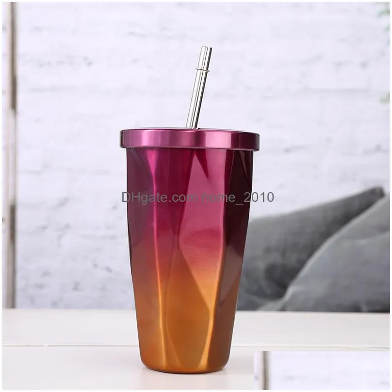 500ml stainless steel diamond car cups travel coffee mug tea mugs with lid and straw diamond gradient mug