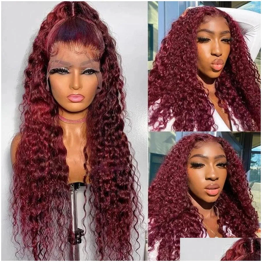 curly human hair wigs wine red brazilian remy deep wave full lace front synthetic wig 180% pre plucked