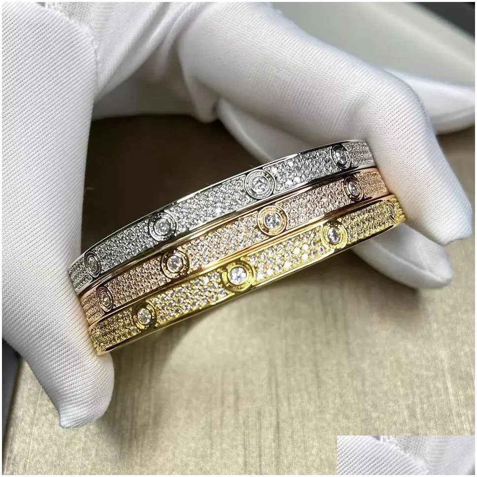 2022 luxury top fine brand pure 925 sterling silver jewelry for women easy lock bangle rose yellow gold full diamond love bangle wedding engagement screw