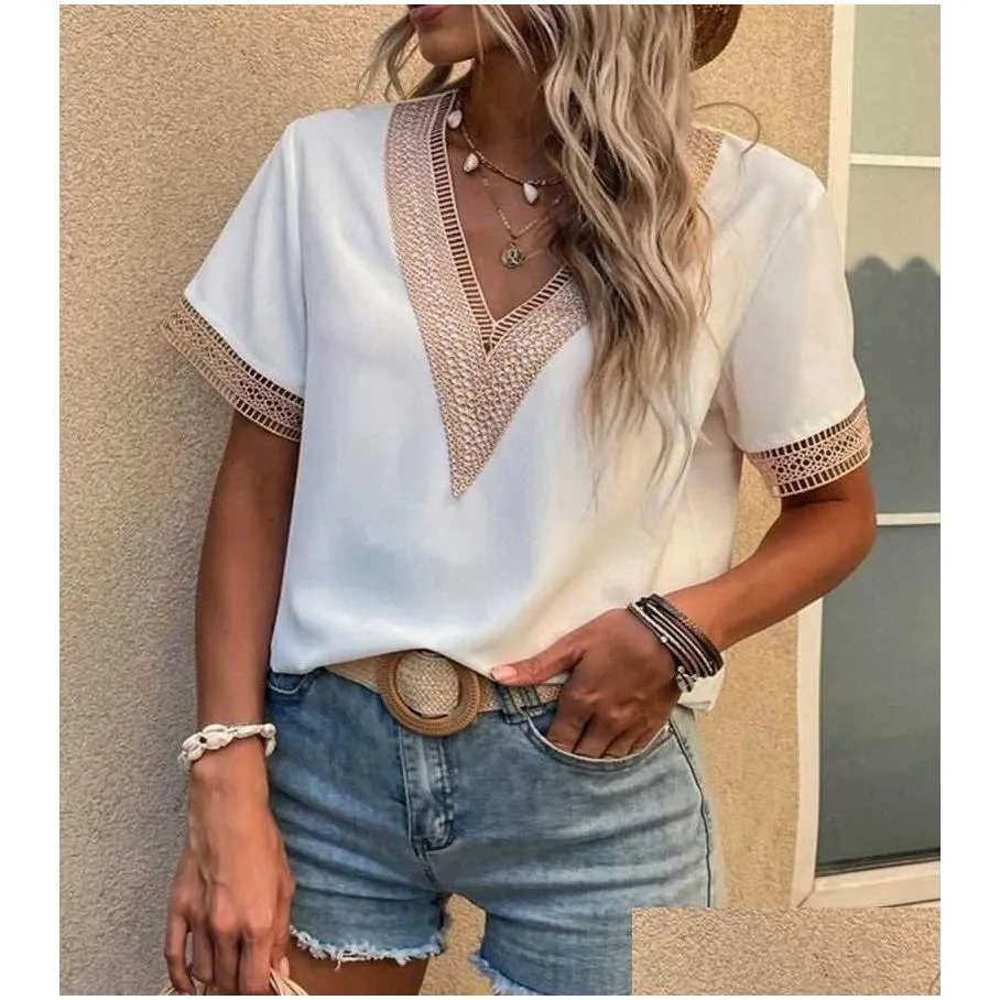 2023 womens v-neck lace casual solid shirt chiffon plus sized blouse silk womens summer tops blouses