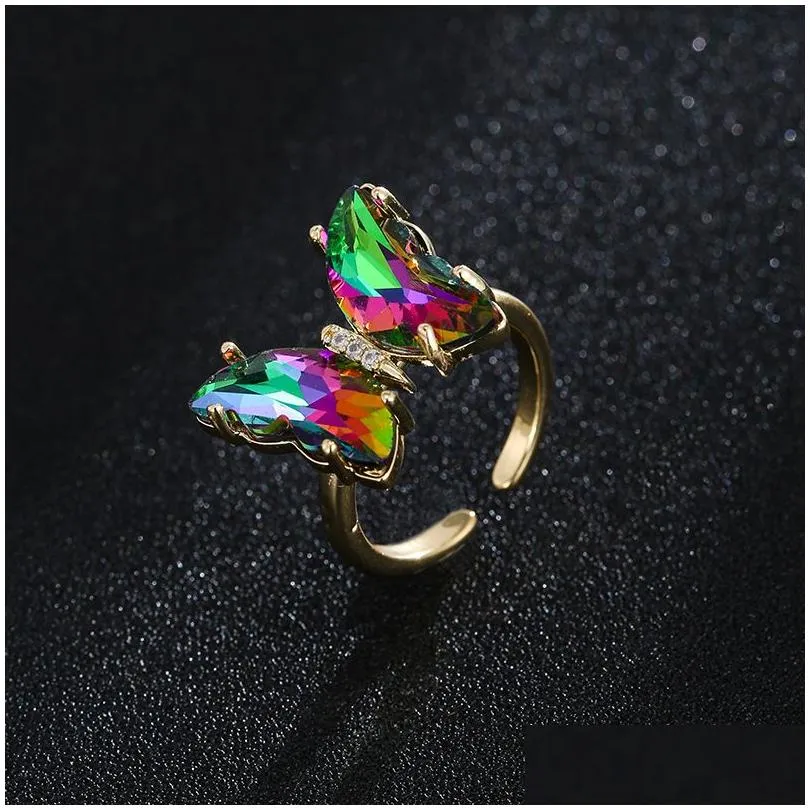 dainty butterfly ring for women resizable adjustable stainless steel with colorful cz stone lady butterfly animal jewelry