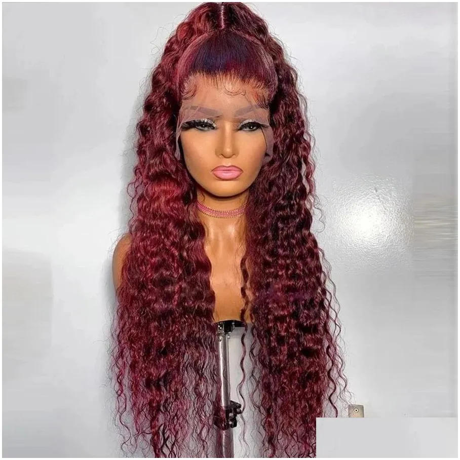 curly human hair wigs wine red brazilian remy deep wave full lace front synthetic wig 180% pre plucked