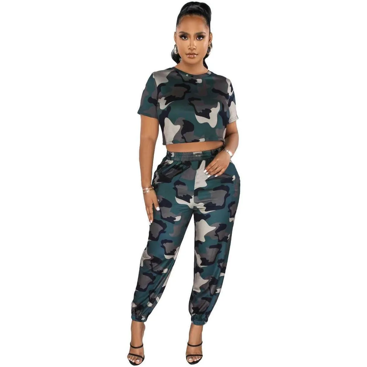 women tracksuits sport suits 2023 summer camo elastic waist pants 2 piece set